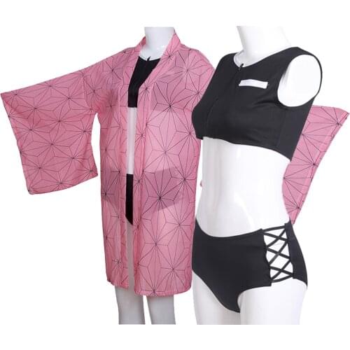 Anime Demon Slayer Swimsuit Kimetsu no Yaiba Cosplay Costume Kamado Nezuko Swimwear Beach Summer Bikini Bathing Suit Kimono Girl