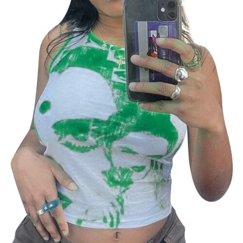 Ladies Summer Sexy Midriff-baring Camisole Girls Leisure Style Portrait Printing Round Collar Sleeveless Crops Tops