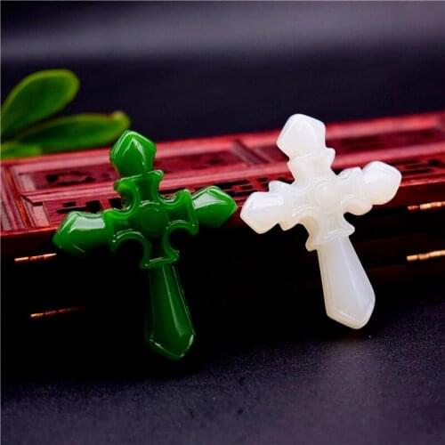 Natural Green Jade Cross Pendant Necklace Chinese Hand-Carved Jadeite Charm Jewelry Accessories Amulet Fashion Men Women Gifts