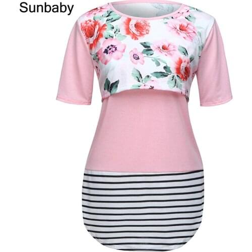 New Summer breastfeeding clothes Floral print spliced plain color and stripe fashionable maternity lactat pregnant clothes T0405