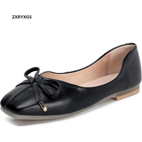 Top Soft Cowhide Shallow Mouth Flat Shoes Woman New 2020 Summer Autumn Square Toe Bow Leather Shoes Soft Sole Comfortable Shoes