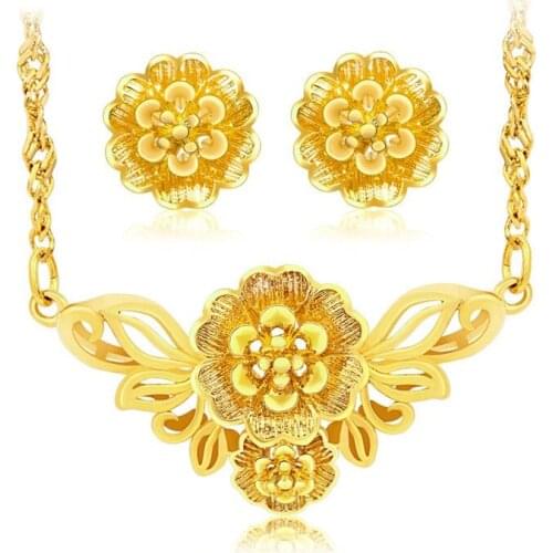 Pure yellow metal pattern earrings necklace jewelry retro classical jewelry set