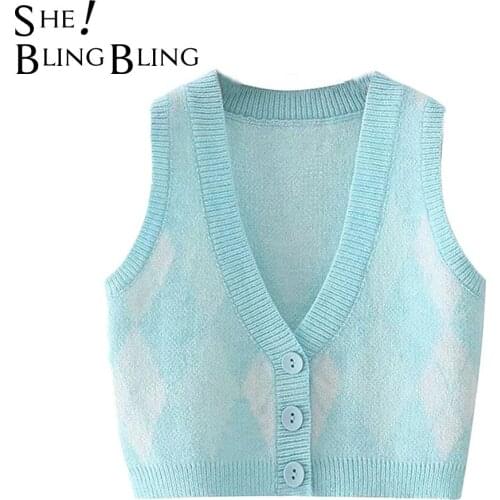 SheBlingBling Ladies tops 2021 summer new style chic V-neck knitted vest women retro inner strap check color jacquard top