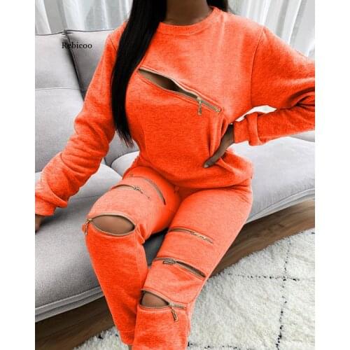 Outdoor Fitness Tracksuit 2 Piece Set utumn Womens Loose Cotton Zipper Decoration Sweatshirt Sweatpants Outfit Sportswear