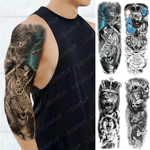 Full-arm Waterproof Temporary Tattoo Stickers Male Lion Tiger Flower Face Wolf Skull Dragon Body Art Flash Fake Tatoo Female