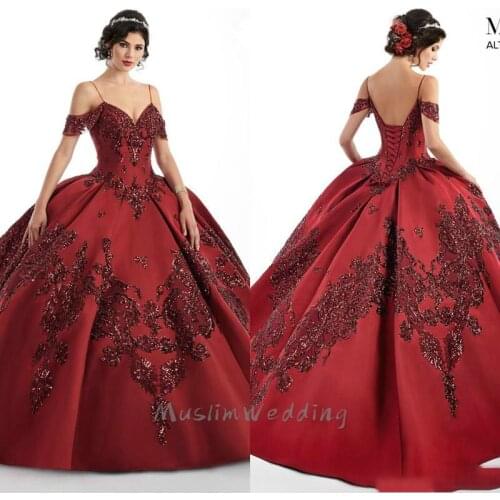 Burgundy Puffy Skirt Quinceanera Dresses 2020 Plus Size Off Shoulder Sparkly Lace Sequins Applique Princess Vestido De Festa