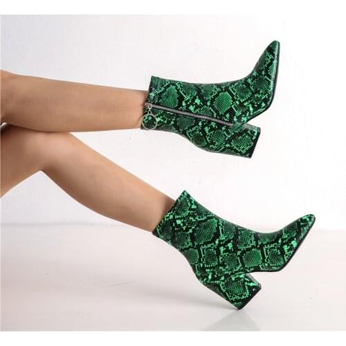 YMECHIC Snake Print Yellow Green White High Heels Womens Shoes Zipper Fashion Retro Gothic Ankle Boots Female Winter Bootie 2019