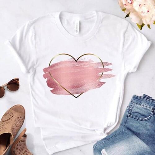 Heart Flower Print Ladies T-shirt Ladies Casual Basis O-collar White Shirt Short Sleeve Ladies T-shirt Love Graphic Printing