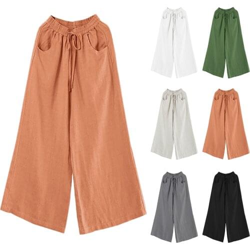 Women Vintage Casual Style Cotton Linen High Waist Pants Mopping Straight Trousers