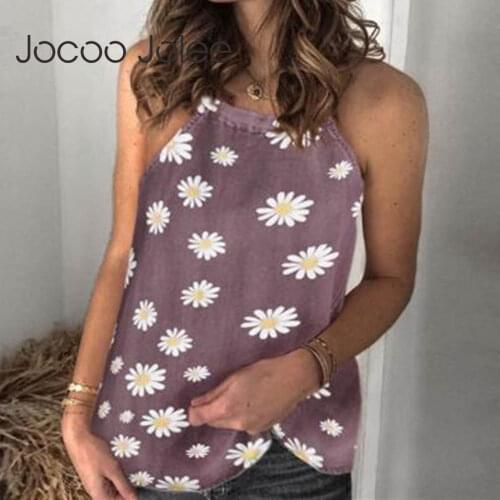 Jocoo Jolee Women Casual Floral Print Halter Neck Tanks Elegant Cotton and Linen Off the Shoulder Vests Vintage Slim Blouse tops
