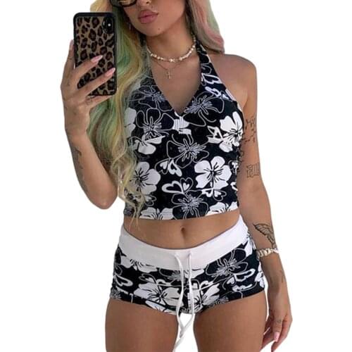Womens Halter Crop Tank Tops Sexy Sleeveless V Neck Floral Heart Print Camisole