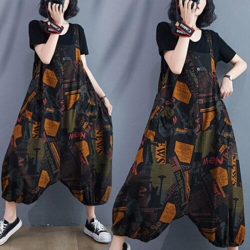 2021 New Arrival Women Summer Rompers Cotton Linen Print Floral Vintage Women Overalls Plus Size Lady Street Fashion Jumpsuit