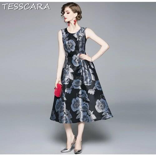 TESSCARA Women Long Elegant Jacquard Dress Festa Female High Quality Office Party Robe Femme Floral Designer Black Tank Vestidos