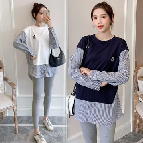1895# Spring Casual Patchwork Cotton Maternity Blouse Long Sleeve Loose Shirts Clothes for Pregnant Women Pregnancy Tops