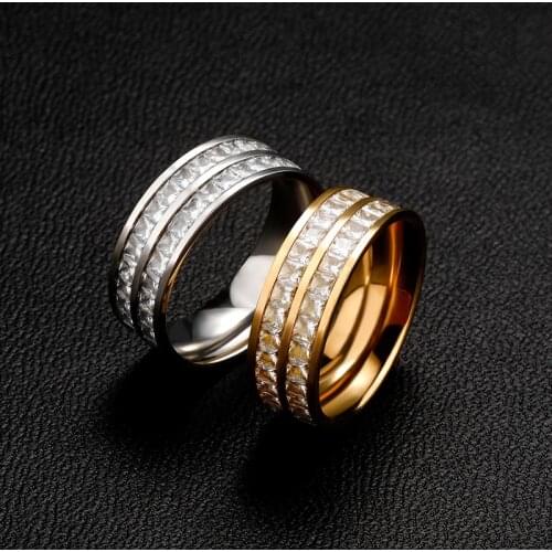 Hip Hop 2 Rows Square CZ Zircon Bling Ice Out Gold Silver Color Stainless Steel Round Finger Rings for Men Women Rapper Jewelry