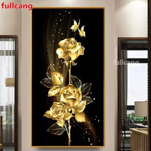 5D DIY Diamond Painting Gold Rose Full Drill Square Round Diamonds Embroidery Flower Entrance Wall Decorations Craft Kit JX2087