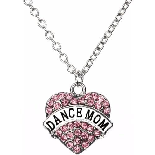 Bespmosp 24PC/Lot Wholesale Love Heart DANCE MOM Crystal Chain Charm Pendant Necklace For Mother Gift Family Women Jewelry Mommy