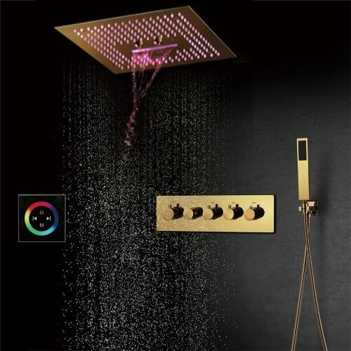 Large Rain Shower Systems Set Villa Gold 40*40CM Music LED Shower Head Panel Bathroom Faucets Thermostatic Mixer Brass