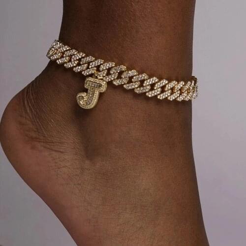 15mm Miami Cuban Link Chain Iced Out Anklets for Women Men Rapper Bling Rhinestone Letter Baguette Anklet Bracelet Foot Jewelry