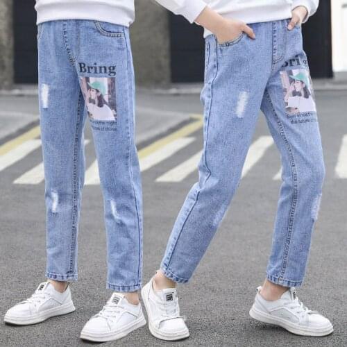Teen Girls Casual Slim Jeans Kids Elastic Waist Little Girls Pattern Denim Pencil Pants Children Spring Autumn Trousers 4-14Yrs