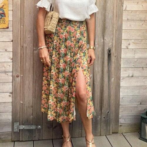 Elegant Floral Print Skirt Women Side Split Flowing Hem Bow Chic Dignified Skirts Casual Dreamy Vintage Skirt jupe longue femme