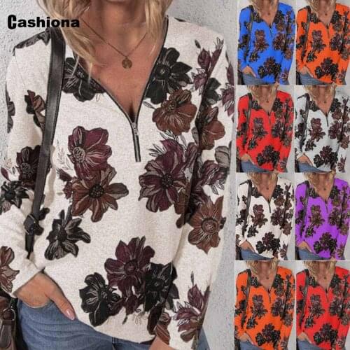 Large Size 5xl Women Bohemian Flower Print T-shirt Long Sleeve Tees Shirt Latest Autumn Fashion Zipper Tops Femme Clothing 2021