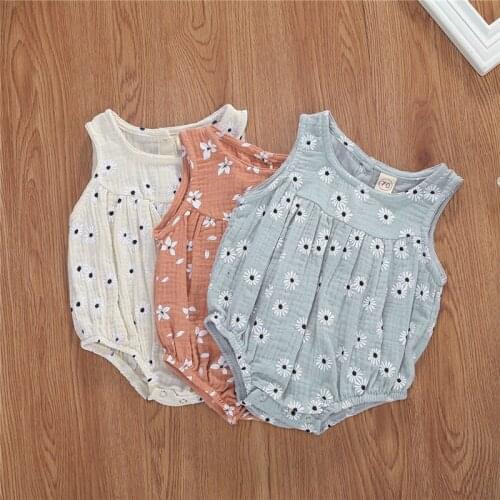 0-18M Newborn Cotton Linen Romper Baby Girls Sleeveless Floral Print Button Romper Infant Toddler Soft Outfit Sunsuit Clothes