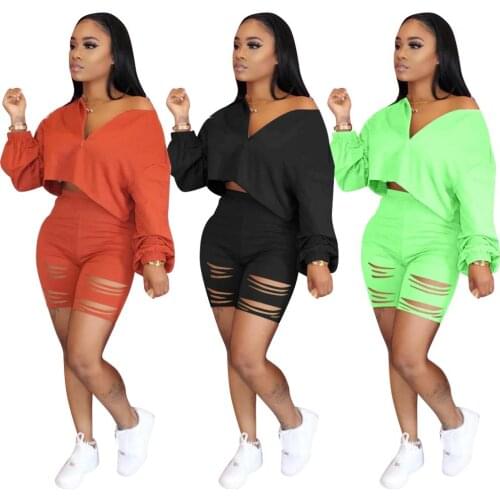 Echoine Crop Top Shorts Set Two Piece set Hollow Out Pants Tracksuit Women Sweatshirt Jogging Femme Gym Running Shorts Set 2020