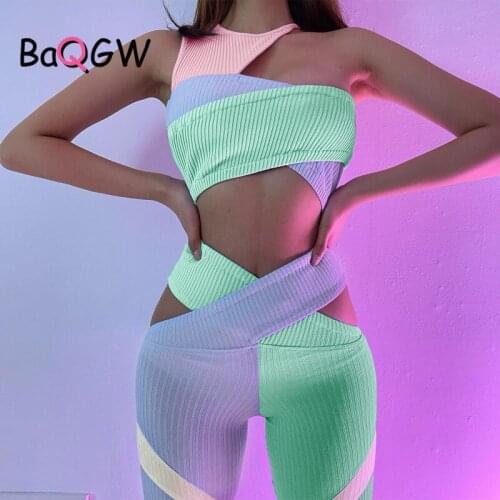 Summer Fashion Knit Tracksuits Women Sexy One Shoulder Cropped Two Piece Set (Tops+leggings) Skinny Hollow Out Bodycon Outfits