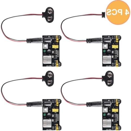 4 PCS MB102 Breadboard Power Supply Module and 9V Battery Clip with 2.1mm X 5.5mm Male DC Plug Assortment Kit for Arduino