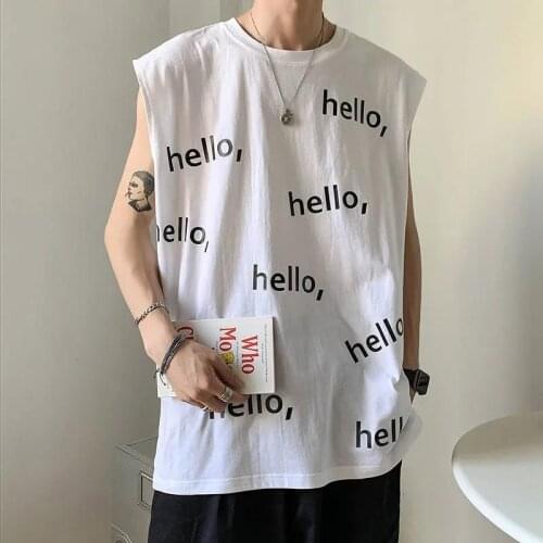 Hip-hop Loose Sleeveless Tees Men Summer Basketball Basic Vest Chic Casual Letter Print Tank Tops Black White