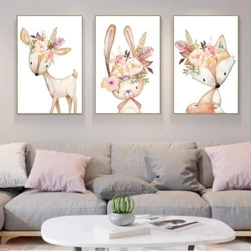 Cute Cartoon Animal Hanging Painting Deer Elephant Rabbit Bear Decoration Childrens Room Painting Art Nordic Oil Painting Wall