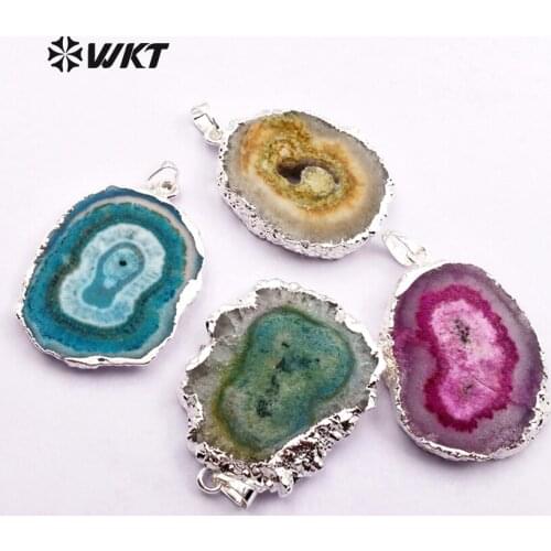 WT-P1368 Fashion natural stone pendant random shape raw stone with sil ver metal electroplated multi color available
