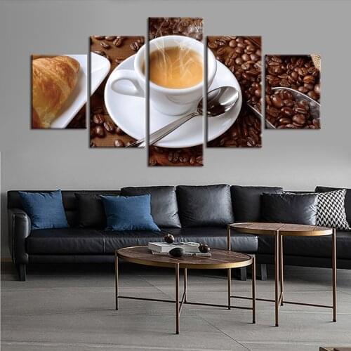 Modular Canvas Printed Painting 5 Pieces Coffee Cup Kitchen Poster Coffee Beans Pictures Wall Art Living Room Decor