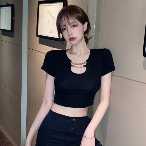 Youth Women Short Skinny T-shirt Summer 2021 New Fashion Sexy Metal Chain Pullovers Slim Thin Stretch Girls Tops Tees