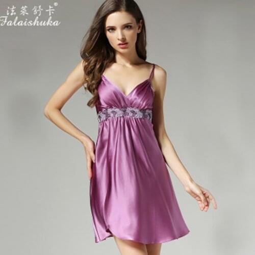 100 Pure silk Nightgown women Sexy lace Long ladies NightDress summer real silk Cute Home Sleepwear Purple Sling