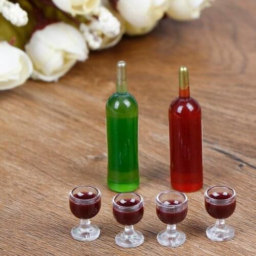 New 6Pcs/Set Dollhouse Miniature Wine Bottle with four wine glass Model Pretend Play Mini Food Doll Fit Toy Accessories