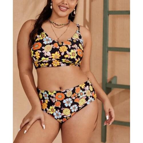New Sexy Plus Size Swimwear Women Bikini High Waist Swimsuit Crop Top Push Up Bikini Set Bathing Suit Retro Floral Swimming Suit