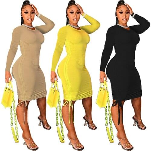 Somoshein S-2xl Autumn Fahsion Dresses For Women 2021 Solid O Neck Pleating Slim Long Sleeve Dress Wholesale Dropshopping