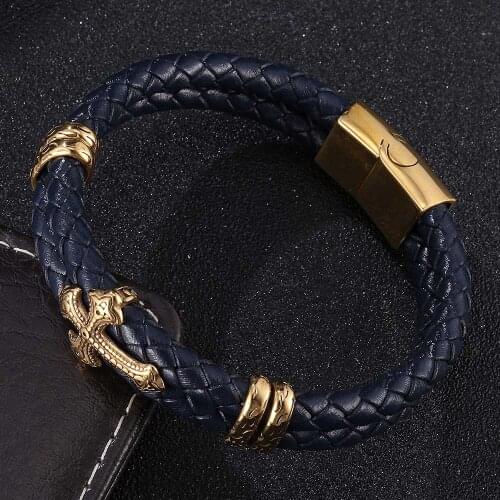 Golden Stainless Steel Magnetic Buckle 6MM Dark Blue Braided Leather Bracelet Men Christmas Gift Cross Women Bangle