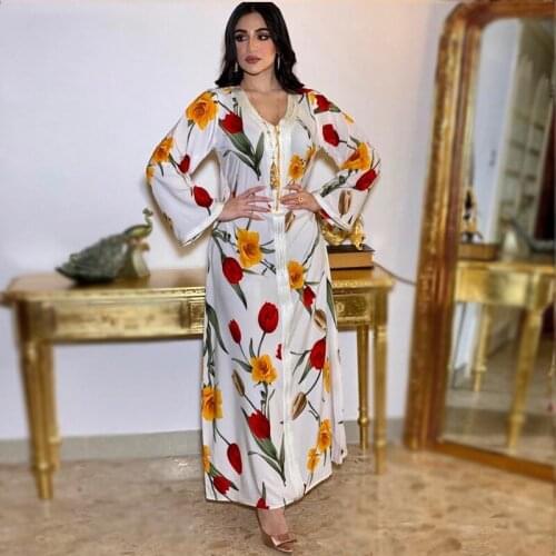 Ramadan Middle Muslim East Women Long Dress Plus Size V Neck Long Sleeve Leaves Print Maxi Dresses Turkey Arabic Dubai Clothing