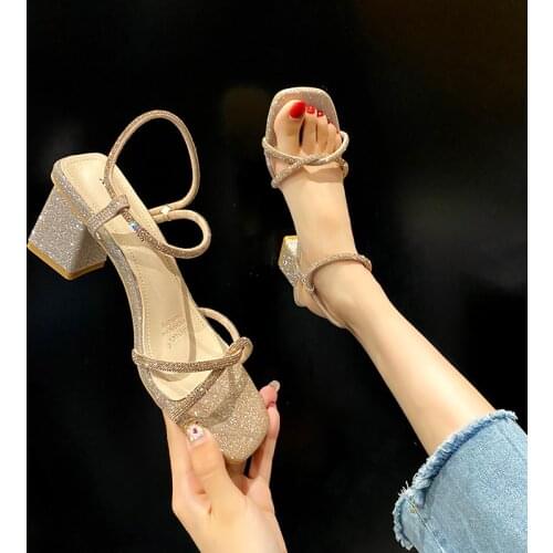 Temperament Square Toe Ladies Sandals Summer New Fashion All-Match Exquisite Rhinestone High Heels
