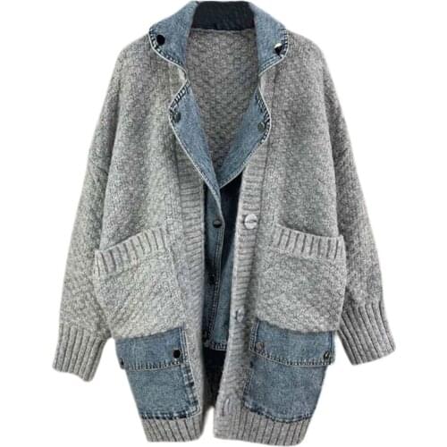 Loose Fit Knitting Denim Stitch Big Size Jacket New Lapel Long Sleeve Women Coat Fashion Tide Autumn Winter 2021