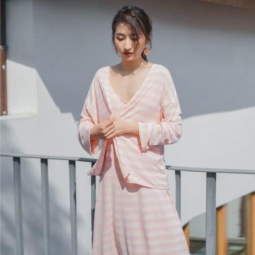 S025 womens autumn home clothes striped two-piece robe set sling nightgown