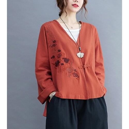 Women Cotton Linen Casual Shirts New 2021 Autumn Chinese Style Vintage V-neck Embroidery Loose Female Long Sleeve Tops B1047
