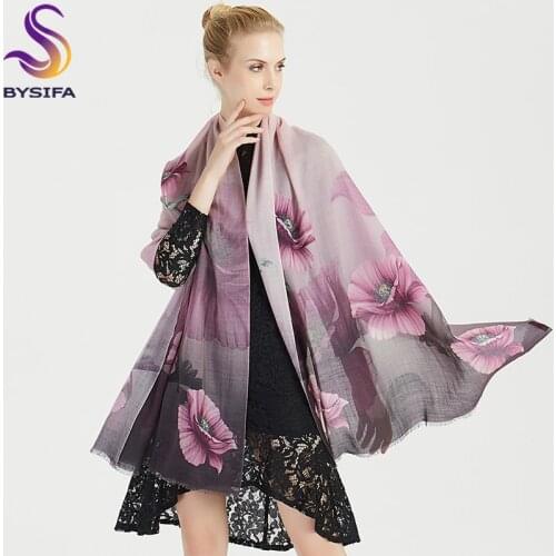 [BYSIFA] Winter Purple Grey Women Wool Cashmere Scarves Shawls 2018 New Floral Pattern Luxury 100% Pure Wool Long Scarf 190*75cm