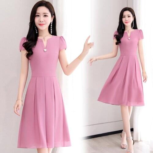 5XL Women Dress Vestido Plus Size Short Sleeve V-neck Knee-length A-line Chiffon Simple Elegant Summer Party 3329