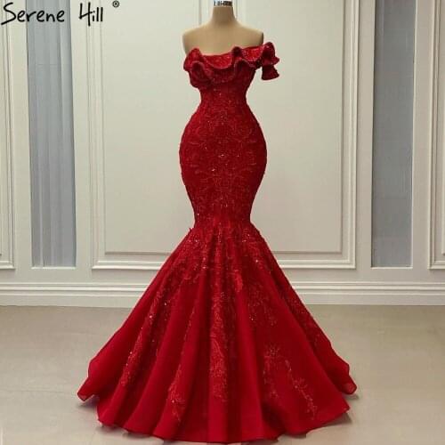 Serene Hill Red Mermaid Off Shoulder Sexy Evening Dress 2021 Handmade Flowers Sleeveless Women Formal Party Wear Gown CHM67173