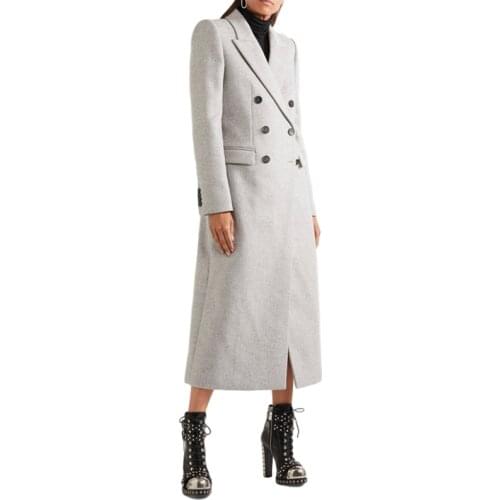 Women Winter Coat Wool 2020 New Double Breasted Cashmere Vintage Elegant Jacket Fashion Outerwear Gray X-Long Clothes Female