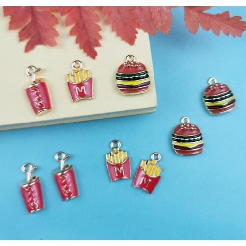 10pcs/lot Enamel French Fries Hamburger Charms Food Pendant DIY Necklace Keychain For Jewelry Making Accessories